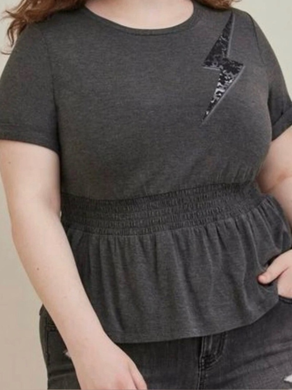 Torrid Love Sick Grey Smocked Peplum Shirt w/ Lightening Bolt Size 2 2X